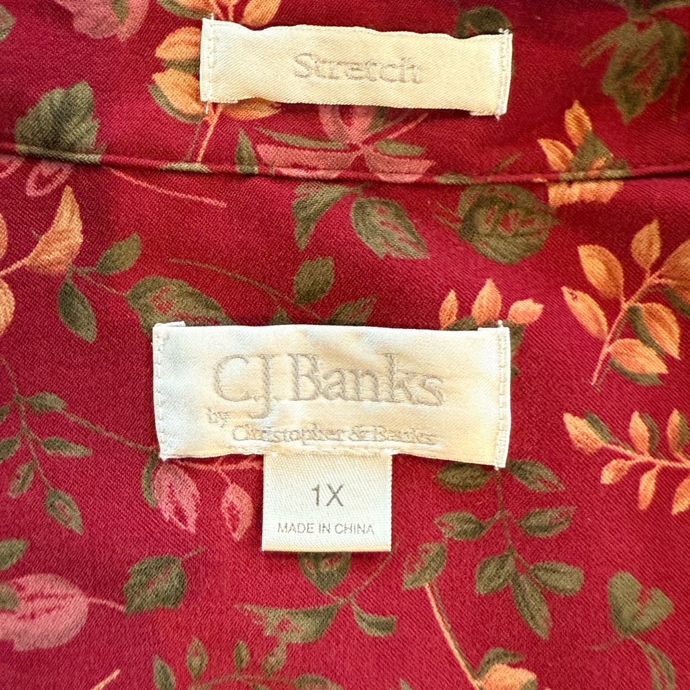 CJ Banks Red Green Print Shirt Size 1X Print Stretch Faux Suede - Picture 2 of 5